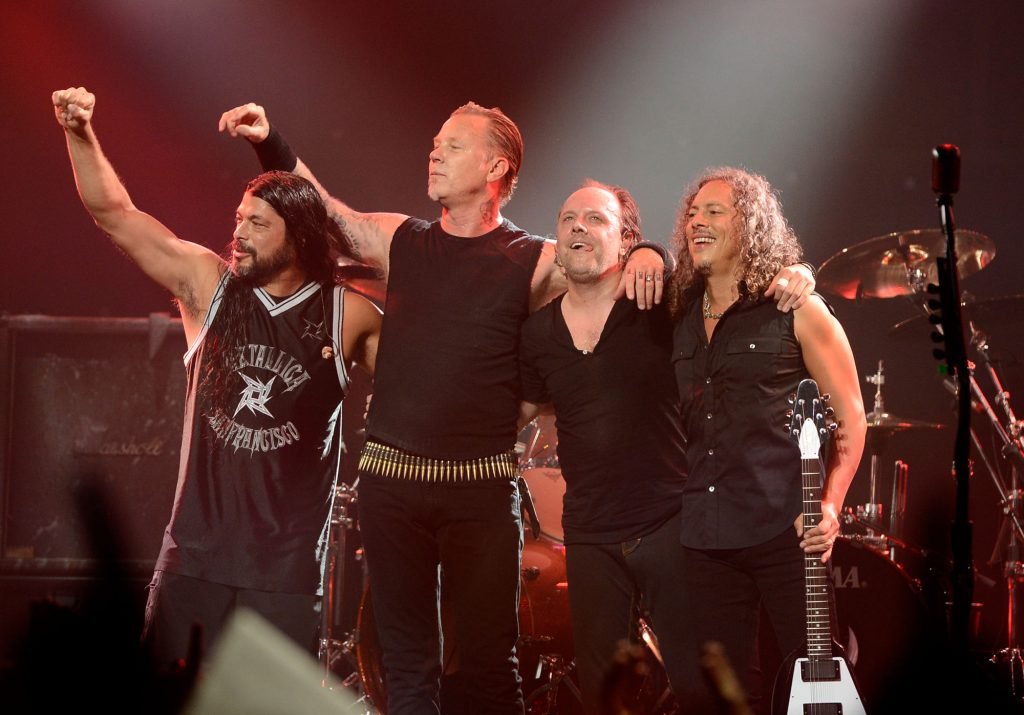 LOS ANGELES, CA - MAY 02: Metallica (L-R) Robert Trujillo, James Hetfield, Lars Ulrich, Kirk Hammett perform at the 5th Annual Revolver Golden Gods Award Show at Club Nokia on May 2, 2013 in Los Angeles, California. (Photo by Frazer Harrison/Getty Images)