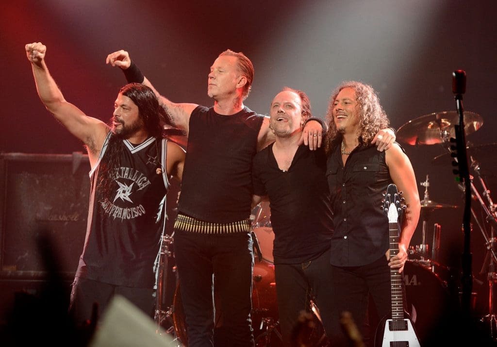 LOS ANGELES, CA - MAY 02: Metallica (L-R) Robert Trujillo, James Hetfield, Lars Ulrich, Kirk Hammett perform at the 5th Annual Revolver Golden Gods Award Show at Club Nokia on May 2, 2013 in Los Angeles, California. (Photo by Frazer Harrison/Getty Images)