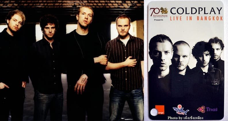 Left: Coldplay circa 2003 / Right: Coldplay Bangkok concert ticket from July 2003, photo courtesy of Teng Chengliang 