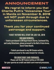 Charlie Puth removed Manila from Voicenotes Tour