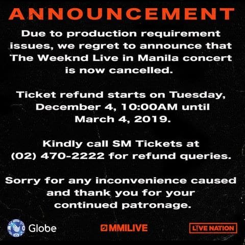The Weeknd Live in Manila cancelled